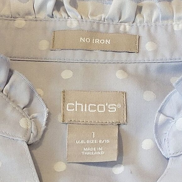 Chico's Blue Dot Ruffle Detail No Iron Long Sleeve Button Down Shirt Size 8/10 - Picture 6 of 8